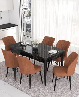 Jedálenské sety Extendable Dining Table & Chairs Set (7 Pieces) Eva - Black Marble, Tile Red