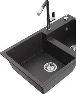 Kuchynské drezy MEXEN/S MEXEN/S - Tomas granitový drez 2-bowl vrátane batérie Flora, čierna kropenatá 6516-76-670401-08