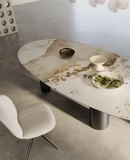 Jedálenské stoly DELIFE Jedálenský stôl Edge oválny 280x130 keramika Minas melange bielo-béžová pilier nerezová oceľ grafitová