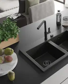 Kuchynské drezy MEXEN/S MEXEN/S - Hektor granitový drez 2-bowl 800 x 480 mm, čierna/zlatá metalik, čierny sifón 6521802000-75-B