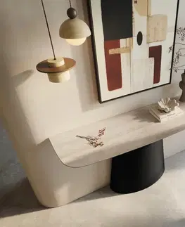 Konzolové stolíky DELIFE Konzolový stolík Edge zaoblený 140×40 cm keramika Laminam® Travertino Bianco krémovo biela Conos kov čierna