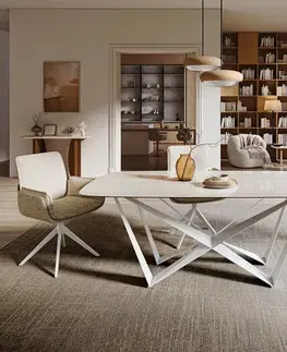 Jedálenské stoly DELIFE Jedálenský stôl Edge zaoblený tvar 200x100 cm keramika onyx champagne spider kov biela