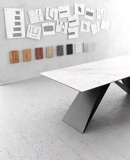 Jedálenské stoly DELIFE Jedálenský stôl Edge 200x100 cm keramika Laminam® Statuarietto biela podstava v tvare V čierna