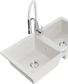 Kuchynské drezy MEXEN/S MEXEN/S - Mario granitový drez 2-bowl vrátane batérie Aster, biela 6504-20-73450-02