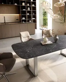 Jedálenské stoly DELIFE Jedálenský stôl Edge zaoblený 240×120 cm keramika Laminam® Nero Greco antracitová nerezová oceľ úzky
