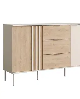 Komody KONDELA Rimina 2D3S dvojdverová komoda so zásuvkami kašmír / dub artisan