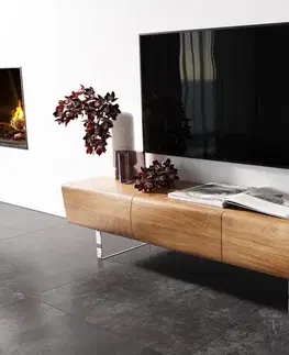 Televízne stolíky DELIFE TV stolík New Live-Edge 145 cm akácia prírodná 3 dvierka akrylová podstava