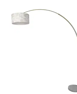 Oblúkové lampy Mosadzná stojaca lampa s bielym a béžovým pruhovaným tienidlom 50 cm - XXL