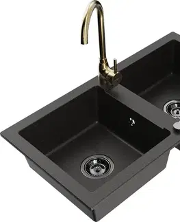 Kuchynské drezy MEXEN/S MEXEN/S - Mario granitový drez 2-bowl vrátane batérie Telma, čierna/zlatá 6504-75-670200-50-B