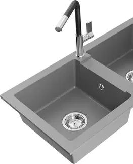 Kuchynské drezy MEXEN/S MEXEN/S - Mario granitový drez 2-bowl vrátane batérie Flora, šedá 6504-71-670401-07