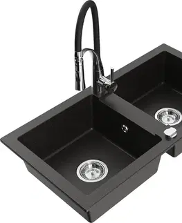 Kuchynské drezy MEXEN/S MEXEN/S - Mario granitový drez 2-bowl vrátane batérie Aster, čierna/zlatá metalik 6504-75-73450-07