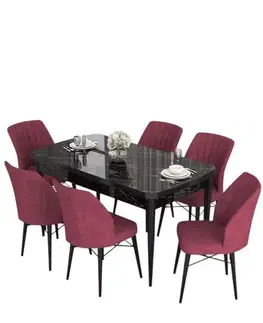 Jedálenské sety Extendable Dining Table & Chairs Set (7 Pieces) Eva - Black Marble, Burgundy