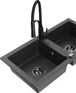 Kuchynské drezy MEXEN/S MEXEN/S - Mario granitový drez 2-bowl vrátane batérie Aster, čierna kropenatá 6504-76-73450-70-B