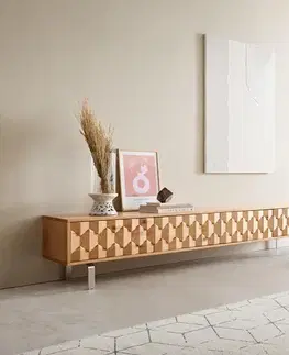 Televízne stolíky DELIFE TV stolík Fevo 220 cm dub prírodný 4 dvierka podstava v tvare L nerezová oceľ