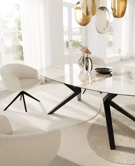 Jedálenské stoly DELIFE Jedálenský stôl Edge oválny 220x120 keramika Minas melange bielo-béžová Zenthara hranatý kov čierna