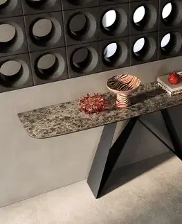 Konzolové stolíky DELIFE Konzolový stolík Edge zaoblený 180×40 cm keramika Emperador Extra Lucidato tmavohnedá Velio kov čierna