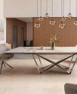 Jedálenské stoly DELIFE Jedálenský stôl Edge 300x100 keramika Calacatta Luxe bielo-zlato-šedá Spider plochá nerezová oceľ