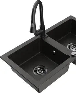 Kuchynské drezy MEXEN/S MEXEN/S - Mario granitový drez 2-bowl vrátane batérie Elia, čierna/zlatá metalik 6504-75-670101-70-B