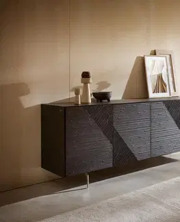 Komody DELIFE Komoda Tereos 200 cm jaseň tmavohnedá 3D efekt 4 dvierka podstava v tvare "L" nerezová oceľ kefovaná