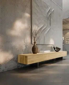 Televízne stolíky DELIFE TV stolík Cuor 200 cm keramika Laminam® Sabbia dubová farba 1 výklopné dvierka 1 zásuvka podstava závesná nerezová oceľ