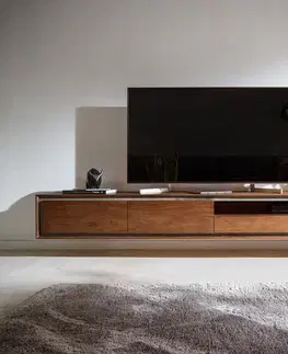 Televízne stolíky DELIFE TV stolík Stonegrace 240 cm akácia hnedá kamenná dyha 2 dvierka 2 zásuvky 1 priehradka závesný