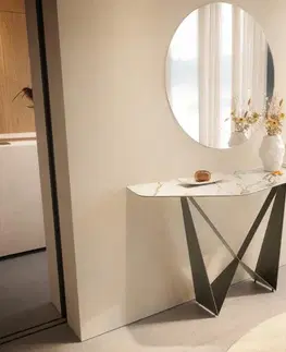 Konzolové stolíky DELIFE Konzolový stolík Edge polygonálny 140×50 cm keramika Calacatta Luxe bielo-zlato-šedá Spios kov titánová farba