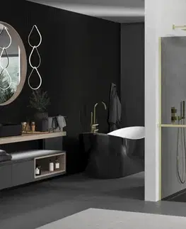Sprchové dvere MEXEN/S - Kioto+ Sprchová zástena WALK-IN s poličkou a držiakom uterákov 90 x 200, grafit, zlatá kartáčovaná 800-090-121-55-40