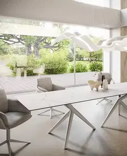 Jedálenské stoly DELIFE Jedálenský stôl Edge 300x100 keramika Laminam®Statuarietto biela Estelar okrúhly kov biela