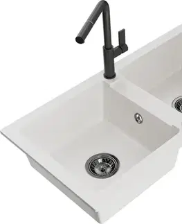 Kuchynské drezy MEXEN/S MEXEN/S - Mario granitový drez 2-bowl vrátane batérie Flora, biela 6504-20-670401-70-B