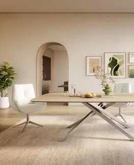 Jedálenské stoly DELIFE Jedálenský stôl Edge zaoblený 240×120 cm keramika Laminam® sabbia v dubovej farbe krížová podstava nerezová oceľ