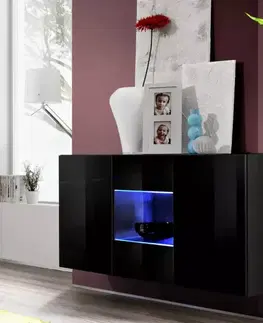 Komody do spálne Komoda Fly SBII+Sklo  čierna + LED
