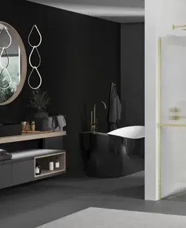 Sprchové dvere MEXEN/S - Kioto+ Sprchová zástena WALK-IN s poličkou a držiakom uterákov 90 x 200, prúžky, zlato kartáčovaná 800-090-121-55-09