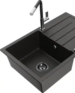 Kuchynské drezy MEXEN/S MEXEN/S - Bruno granitový drez 1 s odkvapkávačom vrátane batérie Flora, čierna/zlatá metalik 6513-75-670401-07-B