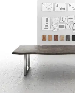 Jedálenské stoly DELIFE Jedálenský stôl Edge 260×100 XL akácia platinová nerezová oceľ široký Live-Edge