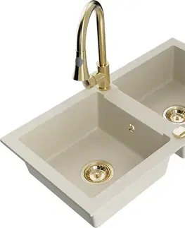 Kuchynské drezy MEXEN/S MEXEN/S - Mario granitový drez 2-bowl vrátane batérie Elia, béžová 6504-69-670101-50