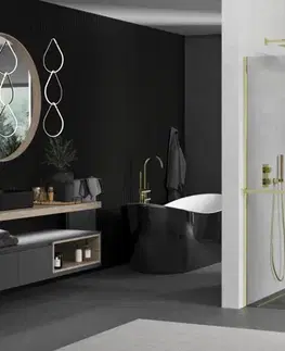 Sprchové dvere MEXEN/S - KIOTO Sprchová zástena WALK-IN s poličkou a držiakom uterákov 80 x 200, transparent 8 mm, zlatá 800-080-121-50-00
