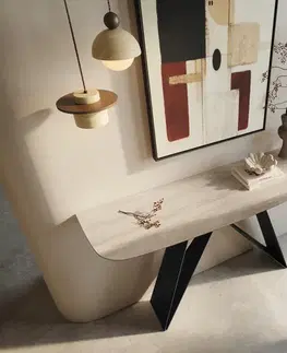 Konzolové stolíky DELIFE Konzolový stolík Edge zaoblený 140×40 cm keramika Laminam® Travertino Bianco krémovo biela Velio kov čierna