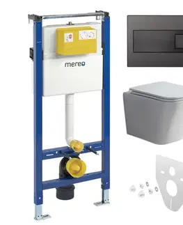 Záchody Mereo WC set - Smart flush rimless WC hranaté, modul pre sadrokartón, čierne hranaté tlačidlo MM02NSETRT331