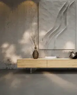 Televízne stolíky DELIFE TV stolík Cuor 200 cm keramika Laminam® sabbia v dubovej farbe 1 výklopné dvierka 1 zásuvka podstava závesná akrylové sklo