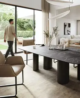 Jedálenské stoly DELIFE Jedálenský stôl Edge zaoblený 260×120 cm keramika Laminam® Nero Greco antracitová pilier kov čierna