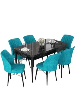 Jedálenské sety Extendable Dining Table & Chairs Set (7 Pieces) Nef - Black Marble, Turquoise