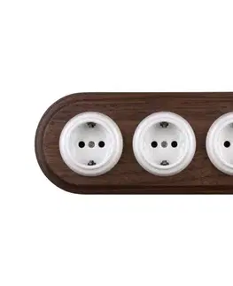 Predlžovacie káble Elhard - Trojitá keramická retro domová zásuvka so rámom SCHUKO 230V biela/drevo EF0115+3xEF0087