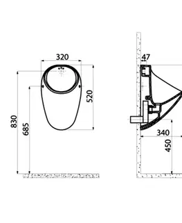 Pisoáre SAPHO - Urinál so zakrytým prívodom vody, Rimless, 32x52cm TP635