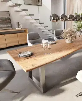 Jedálenské stoly DELIFE Jedálenský stôl Edge 300x100 akácia prírodná nerezová oceľ široký Live-Edge