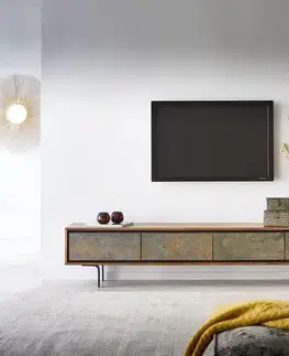 Televízne stolíky DELIFE TV stolík Juwelo 200 cm akácia prírodná so kamennou dyhou 4 dvierka