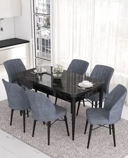 Jedálenské sety Extendable Dining Table & Chairs Set (7 Pieces) Eva - Black Marble, Fume