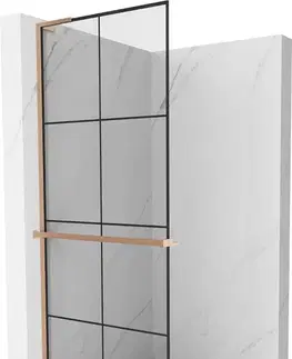 Sprchové dvere MEXEN/S - Kioto+ L Sprchová zástena WALK-IN s poličkou a držiakom uterákov 80 x 200, čierny vzor, meď kartáčovaná 800-080-123-65-77