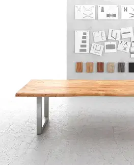 Jedálenské stoly DELIFE Jedálenský stôl Edge 280x100 cm XL akácia prírodná nerezová oceľ široký Live-Edge