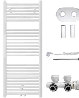 Doplnky do kúpeľne CERANO - Kúpeľňový radiátorový set Lincoln - kombinované vykurovanie, termo tyč - stredové pripojenie 50 mm - 300W - biela lesklá - 1200x500 mm CER-663370