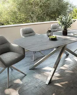 Záhradné stoly DELIFE Záhradný jedálenský stôl Edge zaoblený 200x100 cm keramika betónová sivá krížová podstava obdĺžniková nerezová oceľ